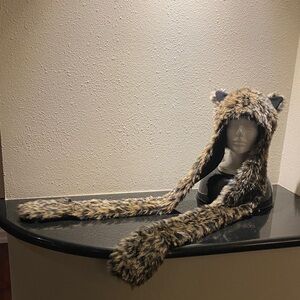 Faux Fur Leopard Hat with Long Scarf Paws. One size.